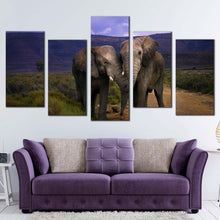 Load image into Gallery viewer, elephants kissing canvas wall art elephant profile 5 piece canvas elephant in green scenery landscape multi canvas grey elephant hug canvas print For Living room
