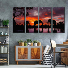 Load image into Gallery viewer, elephants lake canvas wall art black elephant family 4 piece canvas set elephants orange sunset canvas print
