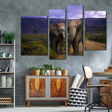 Load image into Gallery viewer, elephants love canvas print grey elephant couple 4 piece canvas wall art elephant kissing in green scenery multiple canvas for your living room
