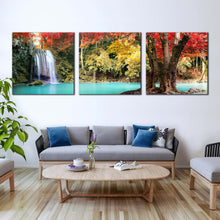 Load image into Gallery viewer, erawan  falls  canvas  wall  art  colorful  erawan  national  park  nature  3  piece  canvas  print  thailand  waterfall  forest  triptych  canvas  set In Living Room
