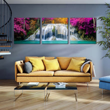Load image into Gallery viewer, erawan  falls  canvas  wall  art  thailand  waterfall  canvas  print  colorful  autumn  forest  waterfall  3  piece  multi  canvas In Living Room
