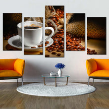 Load image into Gallery viewer, espresso coffee canvas wall art white coffee mug 5 piece canvas print brown coffee beans canvas set In Living Room
