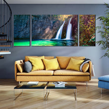 Load image into Gallery viewer, europe  waterfall  canvas  wall  art  green  autumn  scene  waterfall  3  piece  canvas  print  white  pure  water  waterfall  multiple  canvas In Living Room
