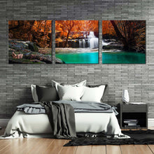 Load image into Gallery viewer, exotic  waterfall  canvas  wall  art  orange  trees  forest  scenery  canvas  set  white  deep  rainforest  waterfall  3  piece  canvas In Bedroom
