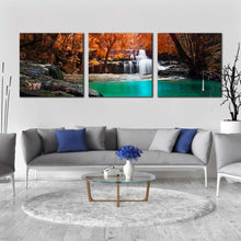 Load image into Gallery viewer, exotic  waterfall  canvas  wall  art  orange  trees  forest  scenery  canvas  set  white  deep  rainforest  waterfall  3  piece  canvas In Living Room
