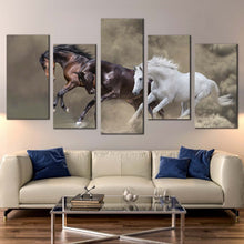 Load image into Gallery viewer, fast horses canvas wall art brown black white horses galloping 5 piece multi canvas artwork dramatic horses canvas print In Living Room
