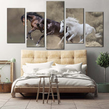 Load image into Gallery viewer, fast horses canvas wall art brown black white horses galloping 5 piece multi canvas artwork dramatic horses canvas print For Your Bedroom
