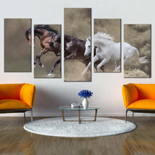 Load image into Gallery viewer, fast horses canvas wall art brown black white horses galloping 5 piece multi canvas artwork dramatic horses canvas print For Living Room
