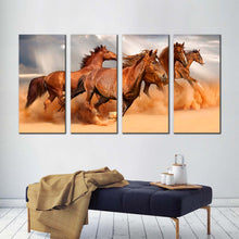 Load image into Gallery viewer, fast horses canvas wall art brown horses herd 4 piece canvas print running horses grey sky sand multi canvas artwork In Living room
