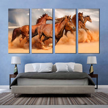 Load image into Gallery viewer, fast horses canvas wall art brown horses herd 4 piece canvas print running horses grey sky sand multi canvas artwork For Your Bedroom
