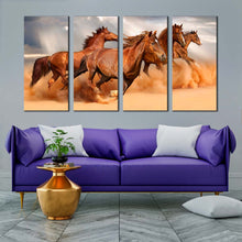 Load image into Gallery viewer, fast horses canvas wall art brown horses herd 4 piece canvas print running horses grey sky sand multi canvas artwork For Living room
