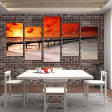 Load image into Gallery viewer, fiery sunset ocean beach pier 5 panel wall art For Dining Room
