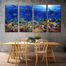 Load image into Gallery viewer, fish underwater canvas wall art colorful fish 4 piece canvas print blue aquarium multiple canvas For Dining Room
