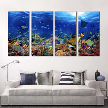 Load image into Gallery viewer, fish underwater canvas wall art colorful fish 4 piece canvas print blue aquarium multiple canvas In Living room
