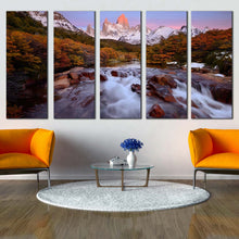 Load image into Gallery viewer, fitz roy canvas wall art white argentina landscape 5 piece canvas set beautiful water stream multi canvas green los glaciares scenery canvas print In Living Room
