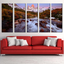 Load image into Gallery viewer, fitz roy canvas wall art white argentina landscape 5 piece canvas set beautiful water stream multi canvas green los glaciares scenery canvas print For Living room
