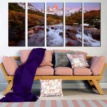 Load image into Gallery viewer, fitz roy canvas wall art white argentina landscape 5 piece canvas set beautiful water stream multi canvas green los glaciares scenery canvas print For Living Room
