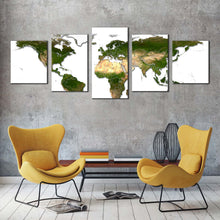 Load image into Gallery viewer, flat earth canvas print green map of continents 5 piece canvas wall art white background world map multi canvas In Living room
