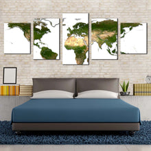 Load image into Gallery viewer, flat earth canvas print green map of continents 5 piece canvas wall art white background world map multi canvas For Bedroom
