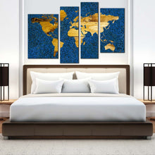 Load image into Gallery viewer, flat earth canvas print yellow world map digital painting 4 piece canvas wall art blue vintage flat world multi canvas artwork in bedroom
