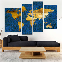 Load image into Gallery viewer, flat earth canvas print yellow world map digital painting 4 piece canvas wall art blue vintage flat world multi canvas artwork for living room
