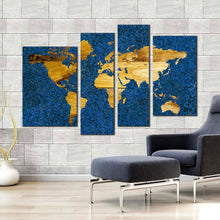 Load image into Gallery viewer, flat earth canvas print yellow world map digital painting 4 piece canvas wall art blue vintage flat world multi canvas artwork
