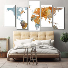 Load image into Gallery viewer, flat earth canvas wall art abstract world map 5 piece multi canvas grey orange abstract globe canvas print In Bedroom
