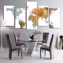 Load image into Gallery viewer, flat earth canvas wall art abstract world map 5 piece multi canvas grey orange abstract globe canvas print For Dining Room
