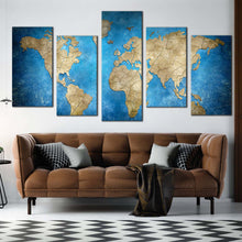 Load image into Gallery viewer, flat earth canvas wall art blue abstract world map multiple canvas brown world map 5 piece canvas print For Your Living Room
