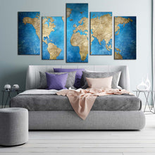 Load image into Gallery viewer, flat earth canvas wall art blue abstract world map multiple canvas brown world map 5 piece canvas print In Your Bedroom
