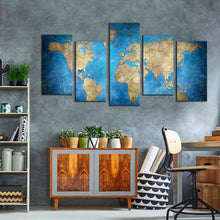 Load image into Gallery viewer, flat earth canvas wall art blue abstract world map multiple canvas brown world map 5 piece canvas print In Living Room
