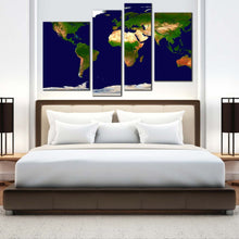 Load image into Gallery viewer, flat earth canvas wall art blue green world map digital painting 4 piece canvas set map of continents canvas print in bedroom
