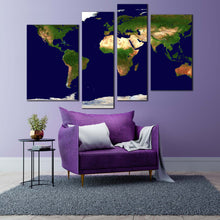 Load image into Gallery viewer, flat earth canvas wall art blue green world map digital painting 4 piece canvas set map of continents canvas print
