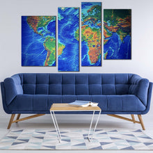 Load image into Gallery viewer, flat earth canvas wall art green world map digital painting 4 piece canvas set blue earth map canvas print in living room
