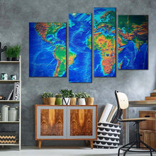 Load image into Gallery viewer, flat earth canvas wall art green world map digital painting 4 piece canvas set blue earth map canvas print
