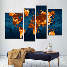 Load image into Gallery viewer, flat earth canvas wall art orange abstract world map multi canvas artwork blue world 4 piece canvas print in living room

