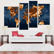 Load image into Gallery viewer, flat earth canvas wall art orange abstract world map multi canvas artwork blue world 4 piece canvas print
