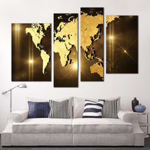 Load image into Gallery viewer, flat earth canvas wall art yellow abstract globe 4 piece multiple canvas brown 3d world map canvas print for living room
