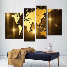 Load image into Gallery viewer, flat earth canvas wall art yellow abstract globe 4 piece multiple canvas brown 3d world map canvas print
