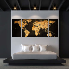 Load image into Gallery viewer, flat  earth  canvas  wall  art  yellow  brown  abstract  world  map  3  piece  multi  canvas  abstract  globe  canvas  print In Bedroom
