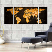 Load image into Gallery viewer, flat  earth  canvas  wall  art  yellow  brown  abstract  world  map  3  piece  multi  canvas  abstract  globe  canvas  print In Living Room
