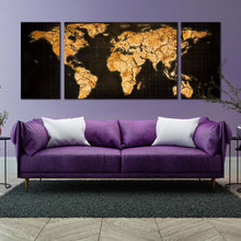 Load image into Gallery viewer, flat  earth  canvas  wall  art  yellow  brown  abstract  world  map  3  piece  multi  canvas  abstract  globe  canvas  print For Living Room
