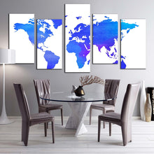 Load image into Gallery viewer, flat world canvas print abstract world map digital paintings 5 piece canvas wall art blue purple detailed world map multi canvas For Dining Room
