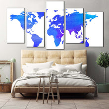 Load image into Gallery viewer, flat world canvas print abstract world map digital paintings 5 piece canvas wall art blue purple detailed world map multi canvas In Bedroom
