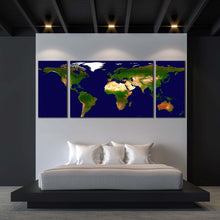 Load image into Gallery viewer, flat  world  canvas  print  blue  flat  map  multi  canvas  green  world  map  3  piece  canvas  wall  art In Bedroom
