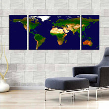 Load image into Gallery viewer, flat  world  canvas  print  blue  flat  map  multi  canvas  green  world  map  3  piece  canvas  wall  art In Living Room
