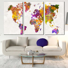 Load image into Gallery viewer, flat world canvas print colorful world map 3 piece canvas wall art flat earth triptych multiple canvas For Living Room
