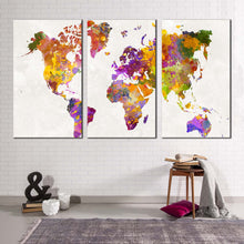 Load image into Gallery viewer, flat world canvas print colorful world map 3 piece canvas wall art flat earth triptych multiple canvas
