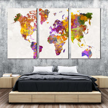 Load image into Gallery viewer, flat world canvas print colorful world map 3 piece canvas wall art flat earth triptych multiple canvas In Bedroom
