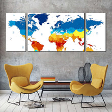 Load image into Gallery viewer, flat  world  canvas  print  map  of  continents  multi  canvas  colorful  abstract  world  map  3  piece  canvas  wall  art In Living Room
